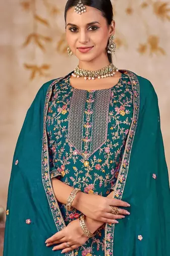 Blue vichitra silk readymade plazzo suit with embroidered lace 