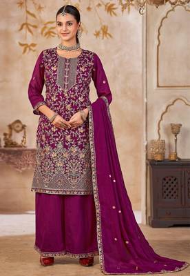 Purple vichitra silk readymade plazzo suit with embroidered lace  2