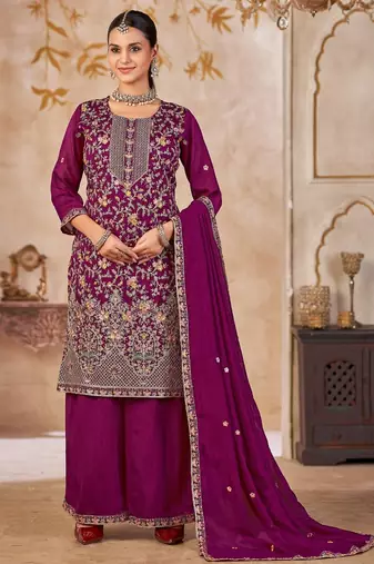 Purple vichitra silk readymade plazzo suit with embroidery & lace work