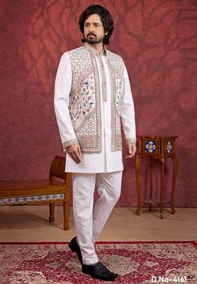 cream art silk 3 piece indo nehru jacket set for men 1