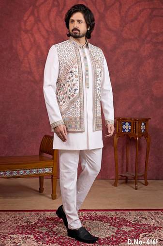 Cream art silk 3 piece indo jacket set for men