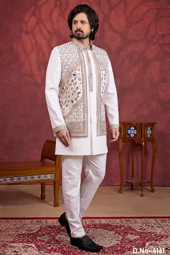 Cream art silk 3 piece indo jacket set for men