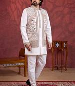 Cream art silk 3 piece indo jacket set for men