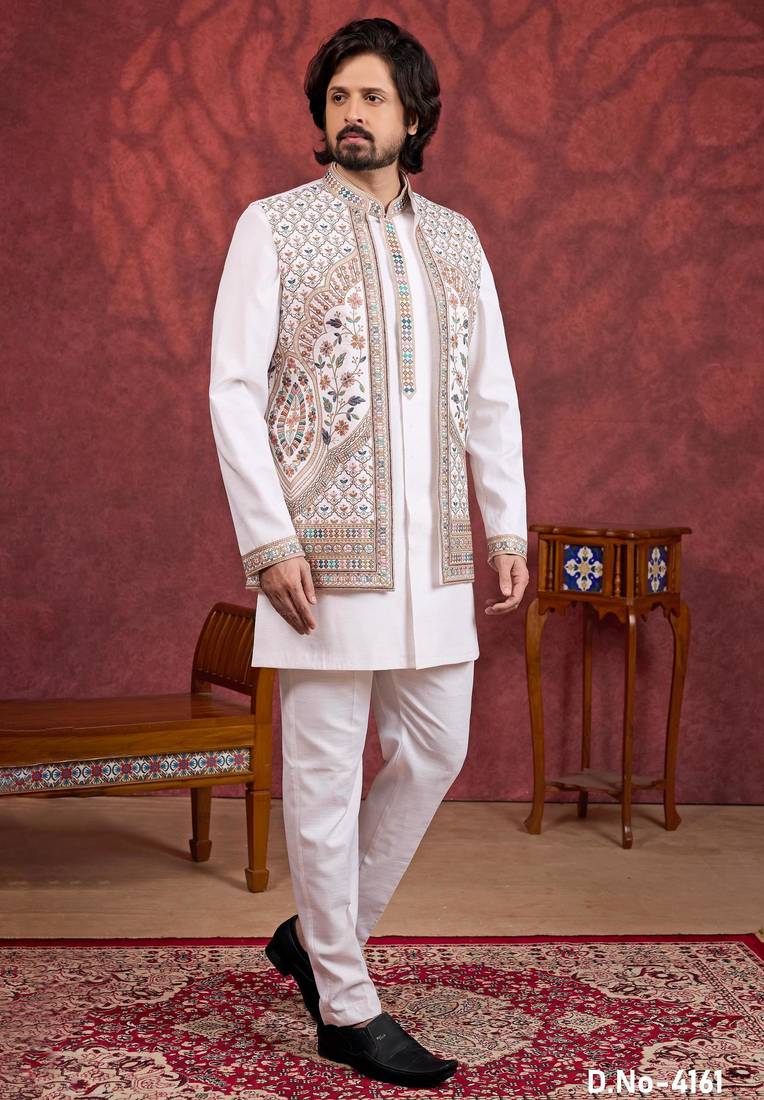 Cream art silk 3 piece indo jacket set for men
