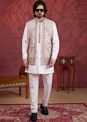 cream art silk 3 piece indo nehru jacket set for men 2