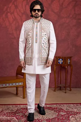 cream art silk 3 piece indo nehru jacket set for men