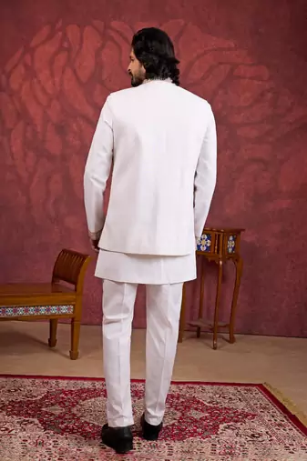 cream art silk 3 piece indo nehru jacket set for men