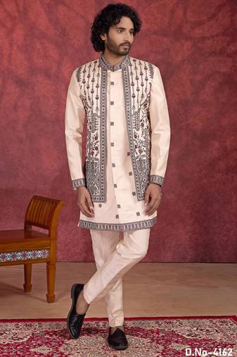 Cream art silk 3 piece indo jacket set for men