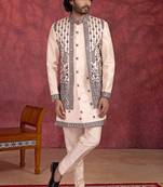 Cream art silk 3 piece indo jacket set for men