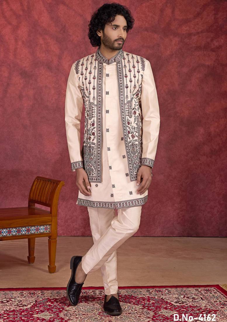 Cream art silk 3 piece indo jacket set for men