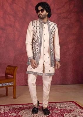 cream art silk 3 piece indo nehru jacket set for men 2