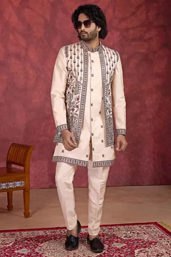 cream art silk 3 piece indo nehru jacket set for men