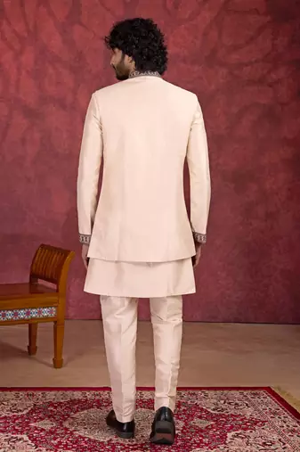 cream art silk 3 piece indo nehru jacket set for men