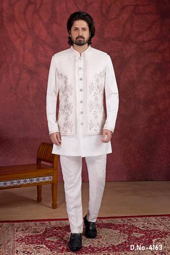 Cream art silk 3 piece indo jacket set for men