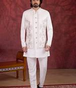 Cream art silk 3 piece indo jacket set for men