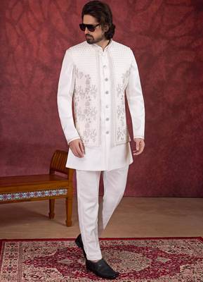 cream art silk 3 piece indo nehru jacket set for men 2