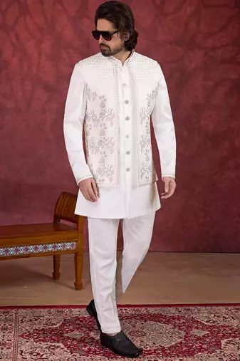 cream art silk 3 piece indo nehru jacket set for men