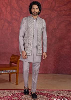 grey art silk 3 piece indo nehru jacket set for men 1