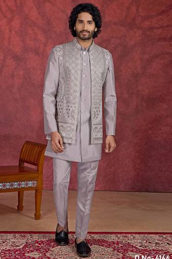 Grey art silk 3 piece indo jacket set for men