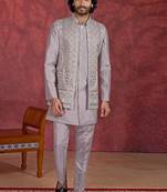 Grey art silk 3 piece indo jacket set for men