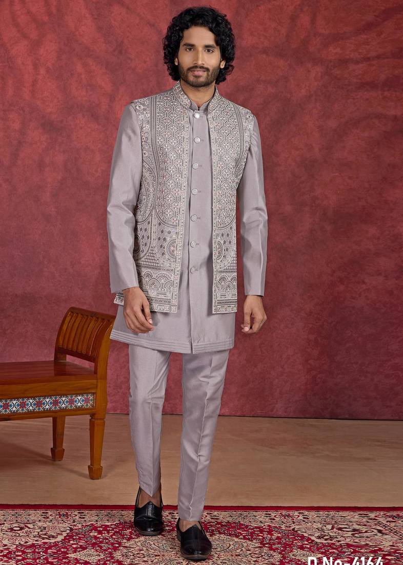 Grey art silk 3 piece indo jacket set for men