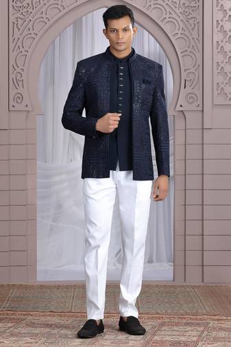 Navy blue art silk 3 piece bandhgala only