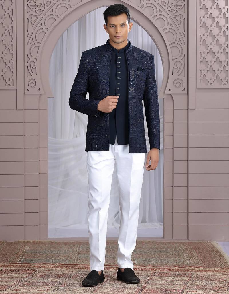 Navy blue art silk 3 piece bandhgala only