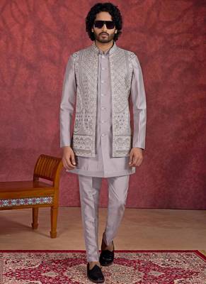 grey art silk 3 piece indo nehru jacket set for men 2