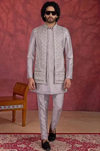 grey art silk 3 piece indo nehru jacket set for men