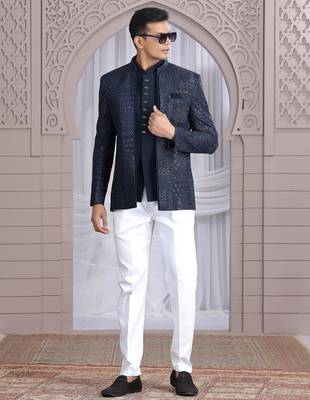 navy blue art silk 3 piece bandhgala only 2
