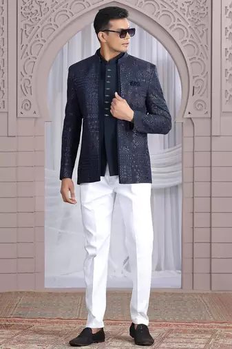 navy blue art silk 3 piece bandhgala only