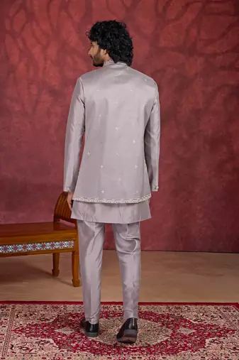 grey art silk 3 piece indo nehru jacket set for men