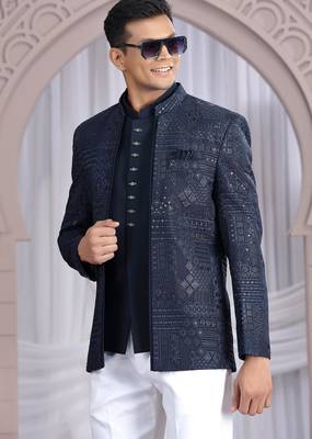 navy blue art silk 3 piece bandhgala only 3
