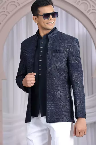 navy blue art silk 3 piece bandhgala only