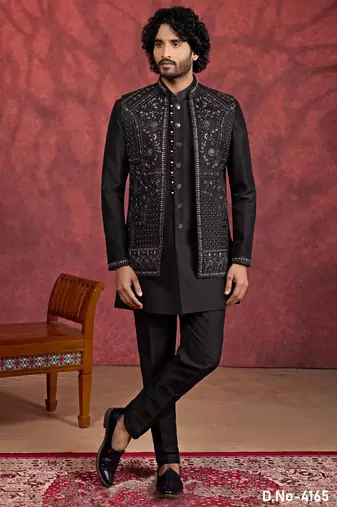 Black art silk 3 piece indo jacket set for men