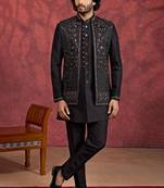 Black art silk 3 piece indo jacket set for men