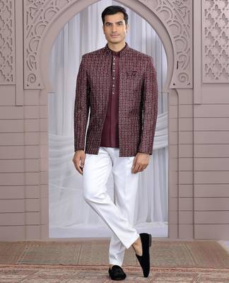 wine art silk 3 piece bandhgala only 1