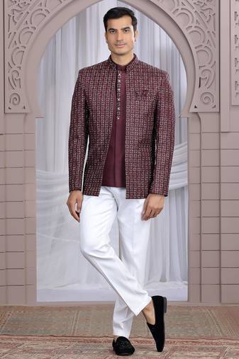 Wine art silk 3 piece bandhgala only