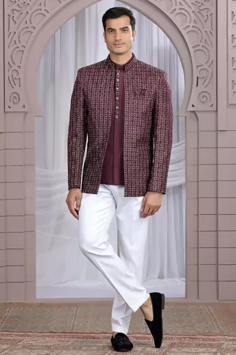 Wine art silk 3 piece bandhgala only