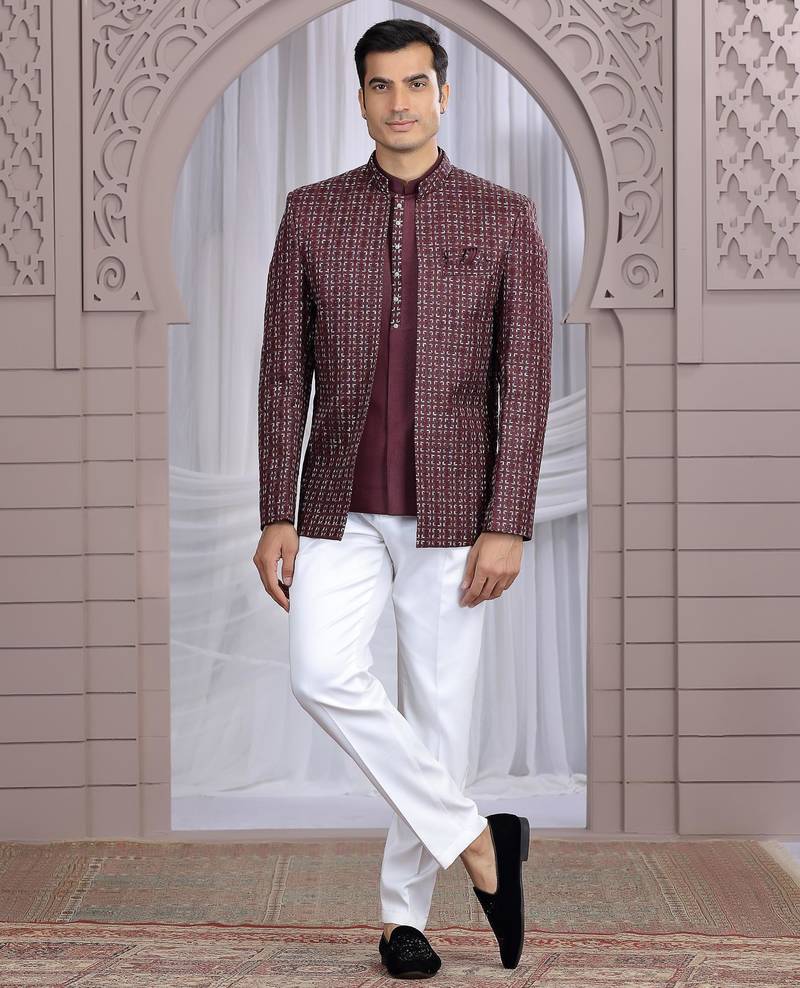 Wine art silk 3 piece bandhgala only