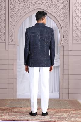 navy blue art silk 3 piece bandhgala only 4