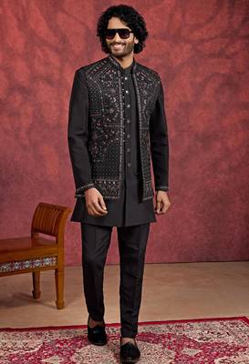 black art silk 3 piece indo nehru jacket set for men 2