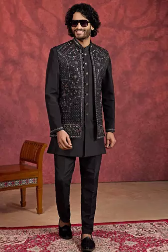 black art silk 3 piece indo nehru jacket set for men