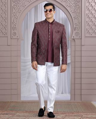 wine art silk 3 piece bandhgala only 2