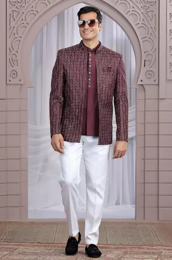 wine art silk 3 piece bandhgala only