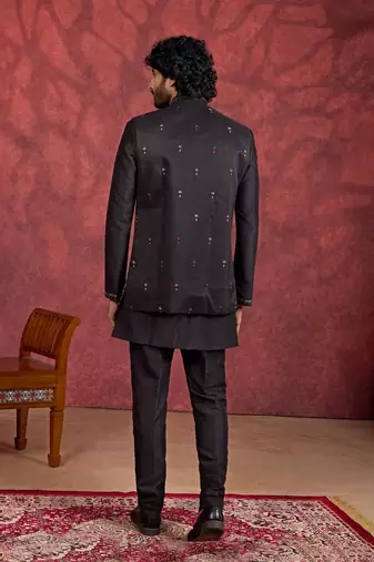 black art silk 3 piece indo nehru jacket set for men
