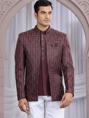 wine art silk 3 piece bandhgala only 3