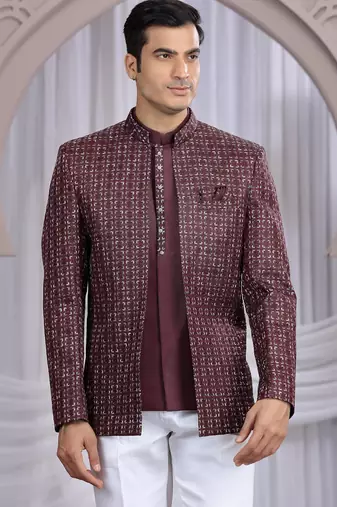 wine art silk 3 piece bandhgala only