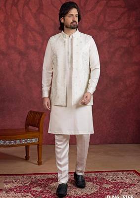 cream art silk 3 piece indo nehru jacket set for men 1