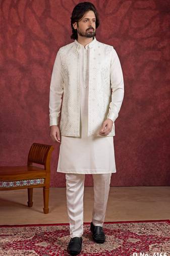 Cream art silk 3 piece indo jacket set for men